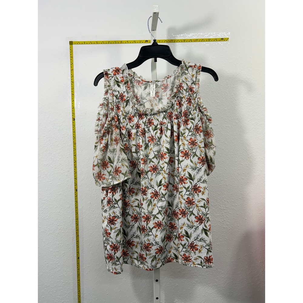 Perception‎ Women 3X Cold Shoulder Floral Smocked Top Orange Green White Blouse